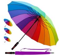95KPH 16 Rippen Regenschirm Automatik Sturmfest Regenbogen - Stockschirm SEHR STARK Herren Damen Windfest - Windproof Verstärkt mit Fiberglas - Mehrfarbig Bunt - Gerader Griff - Größe L