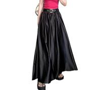 98 cm Damen-Maxi-Satinrock mit Gürtel, 2023, Neuer Sommer, Vintage, elegant, solide, großer Saum, A-Linie, hohe Taille, Langer Rock, weiblich, Schwarz, Einheitsgröße