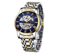 A ALPS Mechanische Herren-Armbanduhr mit automatischem Aufzug, Edelstahl, wasserdicht, mit schwarzem Zifferblatt, Gold Blau - silberfarbenes Uhrwerk, Mechanisch, automatisches Aufziehen, Automatikuhr