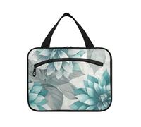 A Close Up of Grey and Teal Floral Leaves on White Fabric Hanging Bags for Women Travel with Hook, Designer Necessities Toiletry Bag for Ladies Vacation Bolso para maquillaje L
