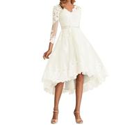 A-Linie Brautkleider Kurz Spitze Tüll Brautkleid High Low Hochzeitskleid Langarm Standesamtkleid Elfenbein,DE38