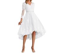 A-Linie Brautkleider Kurz Spitze Tüll Brautkleid High Low Hochzeitskleid Langarm Standesamtkleid Weiß,DE38