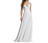 A-Linie Brautmode Chiffon V-Ausschnitt, WZEFEIO, Weiß, 44