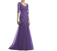 A-Linie Elegantes Kleid for die Brautmutter, Hochzeitsfeier, Abendkleid, V-Ausschnitt, halbe Ärmel, Rüschen, Applikationen Für Hochzeiten(Light Purple,20W)