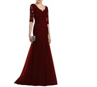 A-Linie Elegantes Kleid for die Brautmutter, Hochzeitsfeier, Abendkleid, V-Ausschnitt, halbe Ärmel, Rüschen, Applikationen Für Hochzeiten(Burgundy,2)