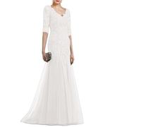 A-Linie Elegantes Kleid for die Brautmutter, Hochzeitsfeier, Abendkleid, V-Ausschnitt, halbe Ärmel, Rüschen, Applikationen Für Hochzeiten(White,26W)