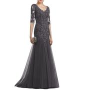 A-Linie Elegantes Kleid for die Brautmutter, Hochzeitsfeier, Abendkleid, V-Ausschnitt, halbe Ärmel, Rüschen, Applikationen Für Hochzeiten(Grey,14)