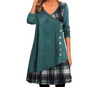 A-Linie Kleid Damen Kleider Kariertes Patchwork Minikleid Langärmliges Skaterkleid mit V-Ausschnitt Kaschmir Frühlingskleid Tunikakleid in Übergröße Freizeitkleid Blusenkleid
