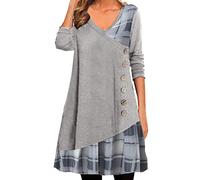 A-Linie Kleid Damen Kleider Kariertes Patchwork Minikleid Langärmliges Skaterkleid mit V-Ausschnitt Kaschmir Frühlingskleid Tunikakleid in Übergröße Freizeitkleid Blusenkleid