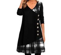 A-Linie Kleid Damen Kleider Kariertes Patchwork Minikleid Langärmliges Skaterkleid mit V-Ausschnitt Kaschmir Frühlingskleid Tunikakleid in Übergröße Freizeitkleid Blusenkleid