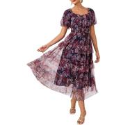 A-Linie Sommerkleid Damen Kurzarm Blumen Kleid Hochzeitsgast Damen Elegante Midi Abendkleid Strandkleid Sommer Schwarz-rosa Blume L