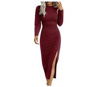 A-Linien Kleid Damen Festlich Rot Winter Split Rundhals Langarm Midi Ballkleid Slim Fit Etuikleid Party Einfarbig Cocktailkleid Wein L