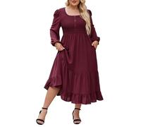 A-Linien-Kleid in Übergröße, Herbst 2025, langärmliges Midikleid mit quadratischem Ausschnitt und eleganten Stufenfalten