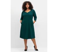 A-Linien-Kleid SHEEGO "Kleid", Damen, Gr. 56, Normalgrößen, blau (petrol), 70% Viskose, 26% Polyamid, 4% Elasthan, unifarben, knielang, herzförmiger Ausschnitt, Kleider (55658052-56) petrol