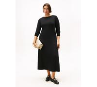 A-Linien-Kleid TOMMY HILFIGER CURVE "CRV 5X2 RIB FLARE MIDI DRESS LS", Damen, Gr. 46, N-Gr, schwarz, Rippware, Obermaterial: 95% Viskose, 5% Elasthan, unifarben, figurbetont wadenlang, Rundhals, Kleid
