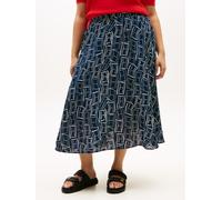 A-Linien-Rock TOMMY HILFIGER CURVE "CRV ESS LINEN FLARE SKIRT", Damen, Gr. 50, flag feathers schwarz night navy, Web, Obermaterial: 100% Leinen, bedruckt, relaxed fit ca. Mitte Wade, Röcke A-Linien-Ro