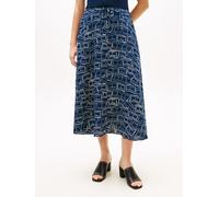 A-Linien-Rock TOMMY HILFIGER "ESS LINEN FLARE MIDI SKIRT", Damen, Gr. XS (34), flag feathers schwarz night navy, Web, Obermaterial: 100% Leinen, bedruckt, ausgestellt wadenlang, Röcke A-Linien-Rock, m