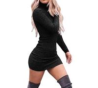 A-Linienkleid für Damen - Kleid mit hohem Kragen für Damen, langärmlig, Strick, einfarbig, mit Hip Wrap Slim Kleid, kurz, sexy, Hijab, Damen, Kleid, Schwarz, Medium