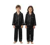A2Z 4 Kids Pyjama-Set für Mädchen und Jungen, Satin, Seide, weich, leicht, langärmelig, Knopfleiste und elastischer Taillenhose, für Kinder im Alter von 5-13 Jahren, Schwarz , 5-6 Years