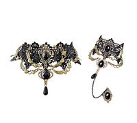 Aabellay Gothic Spitze Choker Halskette Armbänder Damen Schwarz Kette Gotisch Kostüm Fingerlose Handschuhe Retro Victorian Schmuck Collier Vintage Halsband Halloween Spitze Halskette Set - FY002