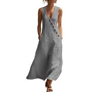 AACH 2026 Maxikleid Damen Sommer Kleider Sexy V-Ausschnitt Sommerkleider Ärmelloses Knöpfen Freizeitkleid mit Taschen Leinenkleid Baumwolle Fließend Strandkleider Locker Boho Trägerkleid