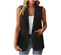 AACH Blazer Damen Sportlich Weste Jacke Slim Fit Lange Anzugweste Ärmelloses Reverskragen Anzugjacke Einfarbig Longblazer Große Größen Locker Sportjacke Mode Vielseitige Stoffblazer