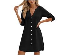 AACH Blusenkleid Damen Sommer Kleider V-Ausschnitt Baumwolle Strandkleid Knopfleiste Knielang Sommerkleid Einfarbig Elegant Shirtkleider Langärmlig Plissee Freizeitkleid Vielseitige Midikleid