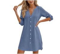 AACH Blusenkleid Damen Sommer Kleider V-Ausschnitt Baumwolle Strandkleid Knopfleiste Knielang Sommerkleid Einfarbig Elegant Shirtkleider Langärmlig Plissee Freizeitkleid Vielseitige Midikleid