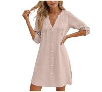 AACH Blusenkleid Damen Sommer Kleider V-Ausschnitt Baumwolle Strandkleid Knopfleiste Knielang Sommerkleid Einfarbig Elegant Shirtkleider Langärmlig Plissee Freizeitkleid Vielseitige Midikleid