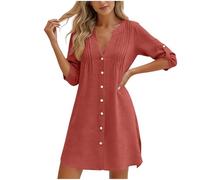 AACH Blusenkleid Damen Sommer Kleider V-Ausschnitt Baumwolle Strandkleid Knopfleiste Knielang Sommerkleid Einfarbig Elegant Shirtkleider Langärmlig Plissee Freizeitkleid Vielseitige Midikleid