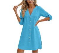 AACH Blusenkleid Damen Sommer Kleider V-Ausschnitt Baumwolle Strandkleid Knopfleiste Knielang Sommerkleid Einfarbig Elegant Shirtkleider Langärmlig Plissee Freizeitkleid Vielseitige Midikleid