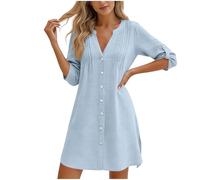 AACH Blusenkleid Damen Sommer Kleider V-Ausschnitt Baumwolle Strandkleid Knopfleiste Knielang Sommerkleid Einfarbig Elegant Shirtkleider Langärmlig Plissee Freizeitkleid Vielseitige Midikleid