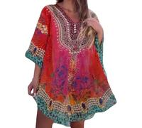 AACH Boho Kleid Damen Kurz A-Linie Kleider Vintage Bikini Cover Up Strandkleider Rustikaler Stil V-Ausschnitt Sommerkleid Lässiges Minikleid Sommer Halbe Ärmel Western Country Hemdkleid
