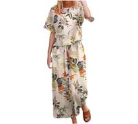 AACH Damen Boho 2-teiliges Sommer Vintage Leinenanzug Bohemian Print Kurzarm T-Shirt Hose Zweiteiler Y2K Aesthetic Streetwear Große Größe Weite Freizeitanzug Modische Casual Lounge Set
