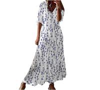 AACH Damen Boho Sommerkleid 3/4 Ärmel Knielang Maxikleid Ethnischer Stil Elegant Kleid Bedruckt Retro Kleider Strand Urlaub Freizeitkleid Lang V-Ausschnitt Strandkleider Modische Tunikakleider