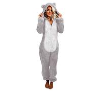 AACH Damen Jumpsuit Winter Teddy Einteiler Onesie Reißverschluss Langärmelige Overall Casual Warm Schlafanzug Elegant Kuschelig Pyjama Weiche Trendy Hausanzug mit Bären Ohren Kapuze Tierkostüm