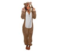 AACH Damen Jumpsuit Winter Teddy Einteiler Onesie Reißverschluss Langärmelige Overall Casual Warm Schlafanzug Elegant Kuschelig Pyjama Weiche Trendy Hausanzug mit Bären Ohren Kapuze Tierkostüm