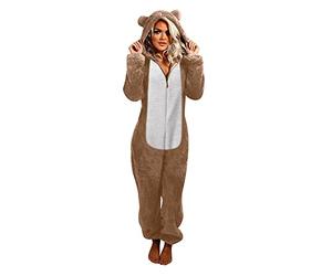 AACH Damen Jumpsuit Winter Teddy Einteiler Onesie Reißverschluss Langärmelige Overall Casual Warm Schlafanzug Elegant Kuschelig Pyjama Weiche Trendy Hausanzug mit Bären Ohren Kapuze Tierkostüm