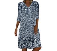 AACH Damen Kleider Leicht Sommerkleid Midi Kleid V-Ausschnitt 3/4 Ärmel T-Shirt Kleid Swiss Dot Vintage Freizeitkleid Frauen Oversized Blusenkleid Boho Strandkleider Vintage Lose Damenkleider
