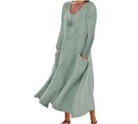 AACH Damen Leinenkleid Sommer Strandkleid Lockeres Kleid Unifarben Leinen Sommerkleid Weich Einfach Kleider Täglich Lässig Modischen Maxikleid Elegante Blumenkleid Lockeres Partykleid