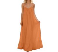 AACH Damen Rückenfreies Cami-Kleid Sommer Ärmellos Spaghettiträger Maxikleid Locker Fließendes Rüschenkleid Sexy Strandurlaub Sommerkleid Freizeit Alltag Trägerkleid Elegant Leinenkleid