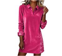 AACH Festliche Kleider für Damen Pailletten Blusenkleid Langarm Samtkleid Casual Elegant Abendkleid Glitzer Partykleid Knielang Cocktailkleid Einfarbig Weihnachtskleid Bequem Freizeitkleid