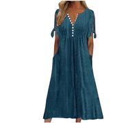 AACH Freizeitkleid Damen Sommer Kleider Knöpfen V-Ausschnitt Sommerkleid Elegant Kurzärmelig Kleid Einfarbig Hollow Out Maxikleid Modische Atmungsaktive Tunikakleider Bequeme Strandkleid