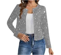 AACH Jack Damen Glitzer Elegant Bomberjacke Pailletten Modische Fliegenjacke Langarm Kurz Bolero Tops Einfarbig Ohne Kapuze Bikerjacke Schickes Temperament Kurzmantel Party Outwear