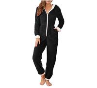 AACH Jumpsuit Damen Elegant Overall Weihnachts Pyjama Kuscheliger Festlich Ganzkörperanzug Winter Einfarbig Einteiler Onesie Zipper Weiche Hausanzug mit Taschen Kapuzen Schlafanzug