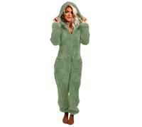 AACH Jumpsuit Damen Flauschiger Einteiler Anzug Teddy Fleece Pyjama mit Taschen Overall Winter Warm Onesie Plüsch Kuschelig Schlafanzug Lang Hausanzug Kapuzen Einfarbig Schlafoverall
