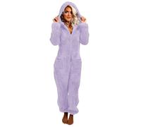 AACH Jumpsuit Damen Flauschiger Einteiler Anzug Teddy Fleece Pyjama mit Taschen Overall Winter Warm Onesie Plüsch Kuschelig Schlafanzug Lang Hausanzug Kapuzen Einfarbig Schlafoverall