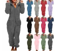 AACH Jumpsuit Damen Flauschiger Einteiler Anzug Teddy Fleece Pyjama mit Taschen Overall Winter Warm Onesie Plüsch Kuschelig Schlafanzug Lang Hausanzug Kapuzen Einfarbig Schlafoverall