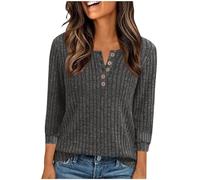 AACH Pullover Damen 3/4 Ärmel Sweatshirt Einfarbig Rundkragen Oberteile Winter Locker Langarmshirt Knöpfen Casual Sportshirt Gestrickt Basic Pulli Weiche Passform Strickpullover Mode Tops