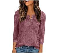 AACH Pullover Damen 3/4 Ärmel Sweatshirt Einfarbig Rundkragen Oberteile Winter Locker Langarmshirt Knöpfen Casual Sportshirt Gestrickt Basic Pulli Weiche Passform Strickpullover Mode Tops